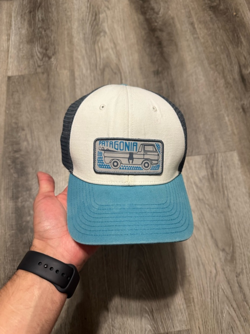 Patagonia Men’s Trucker Hat in White, Teal, and Navy - Adjustable Snapback Mesh